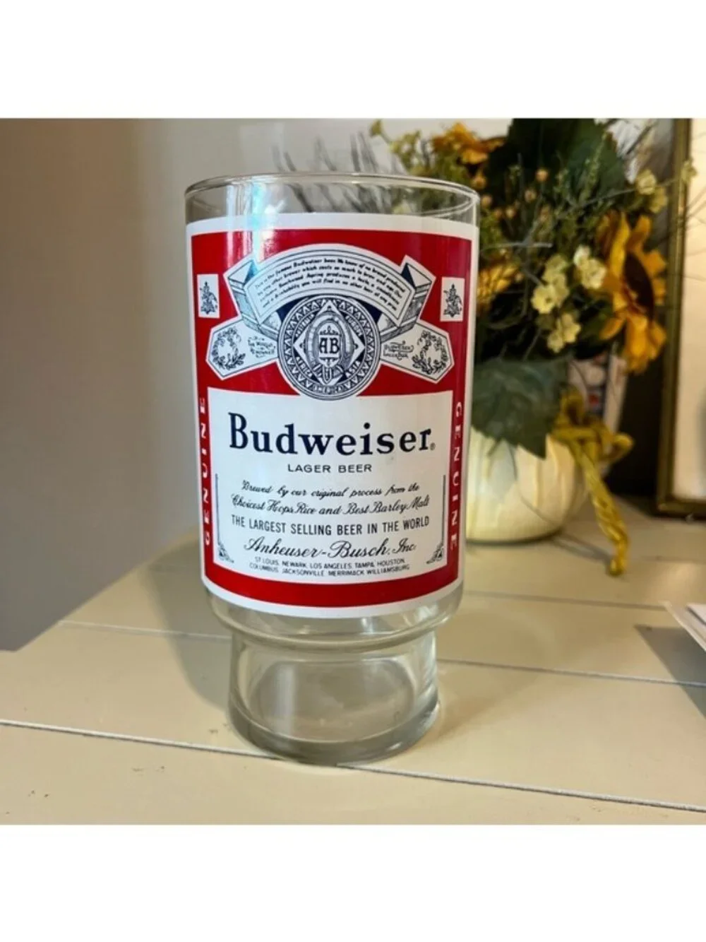 Budweiser craft glass, 32 oz, barware collectible, vintage Breweriana man cave